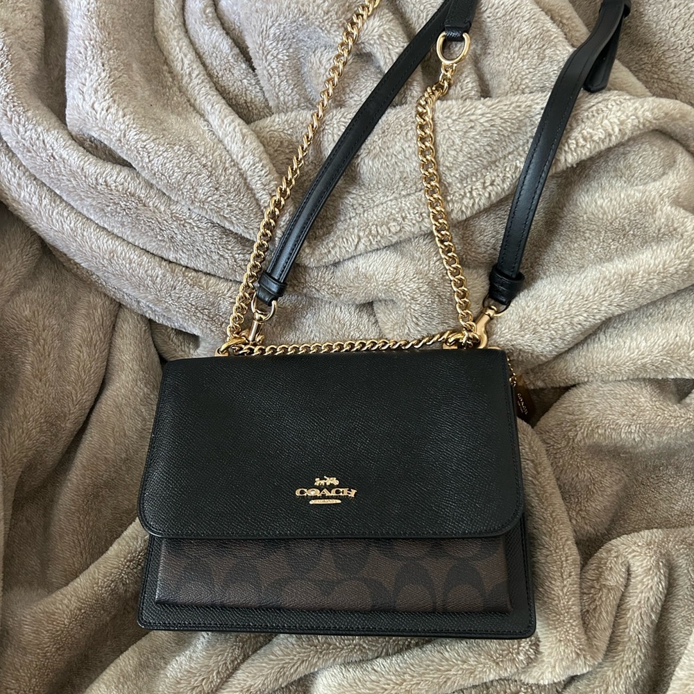 Coach Black and Brown Crossbody with Gold Chain